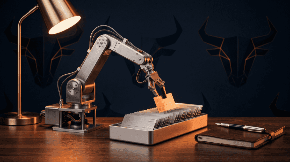 A brushed-steel robotic arm sorting metallic document cards into a tray beside a single human notebook and fountain pen on a deep navy background with warm orange rim light, representing AI carrying the mechanical work while the analyst keeps the judgement