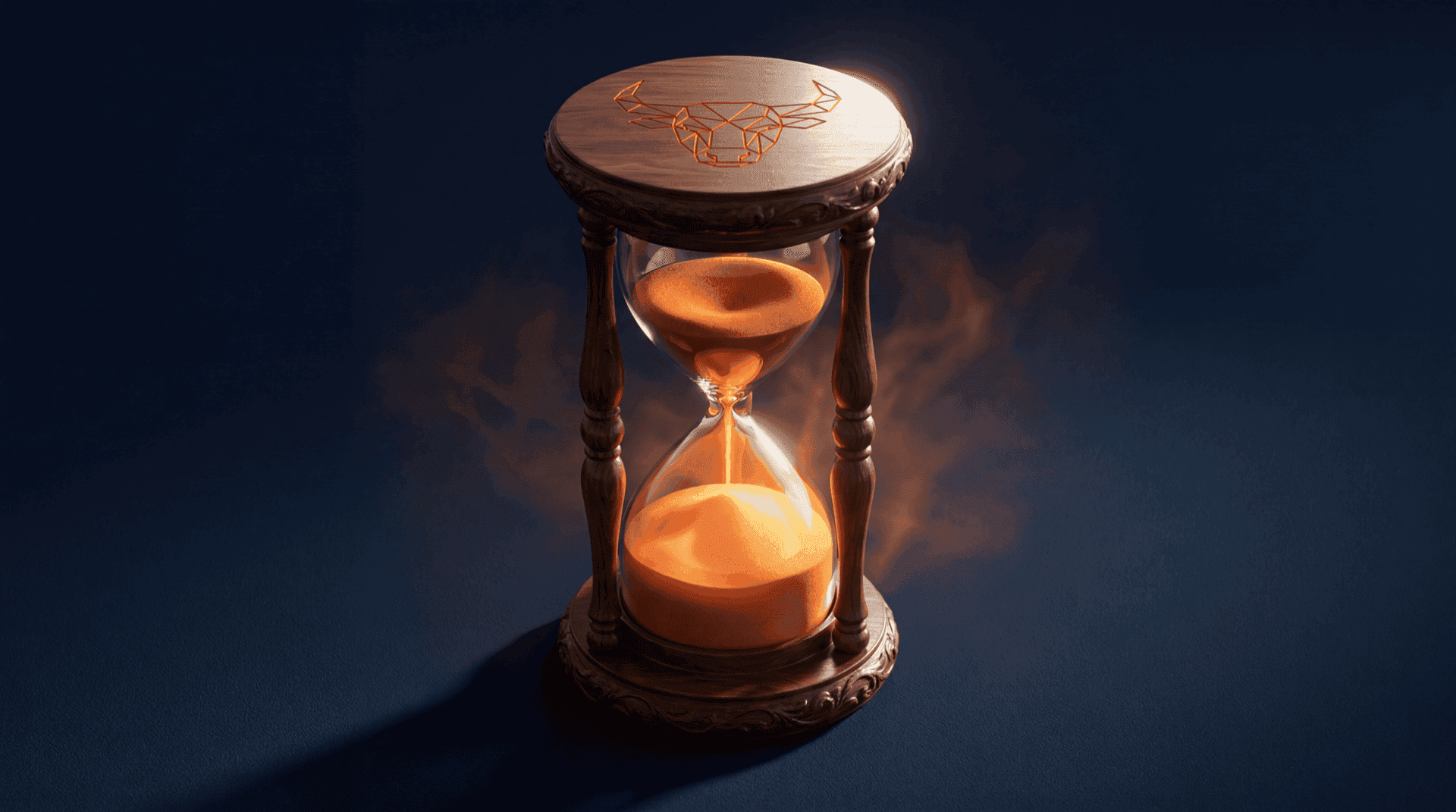 Cinematic hourglass on a navy desk with warm orange sand almost fully collected in the bottom chamber, a small amount still falling, a geometric Liberty91 bull head embossed on the wooden frame, dramatic side lighting