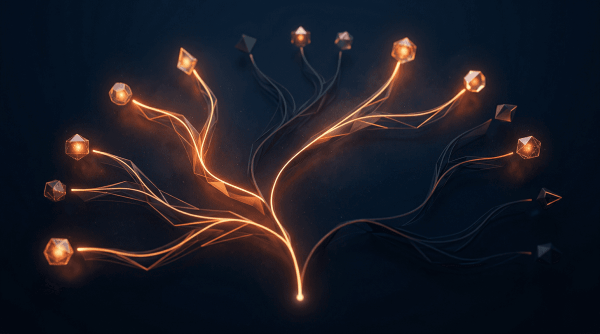 Abstract decision tree with multiple branching pathways diverging from a single point, deep navy background with orange and amber illuminated paths