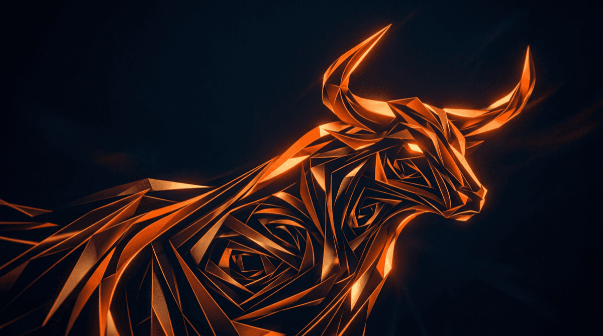 Abstract optical illusion with geometric shapes that appear different from different angles, deep navy background with orange and amber light