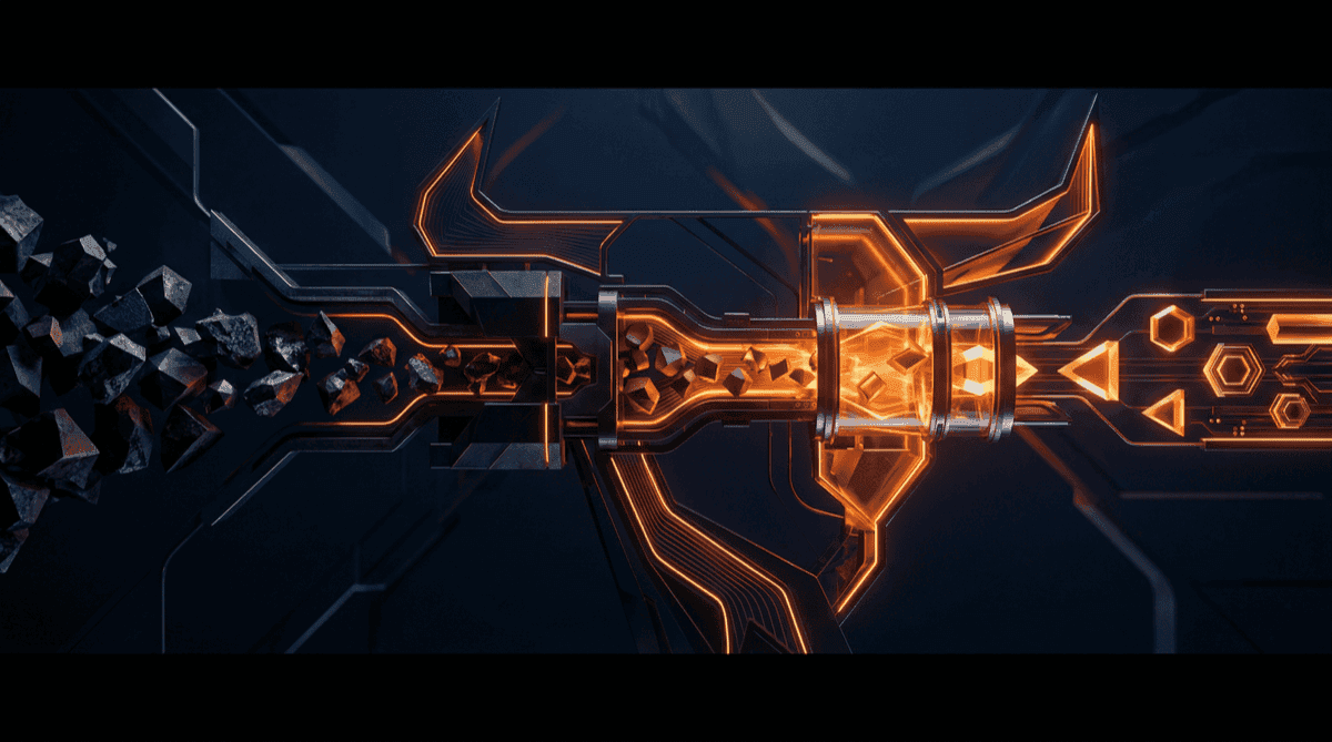 Abstract pipeline refining raw geometric ore into precise structured components, deep navy background with orange and amber light accents