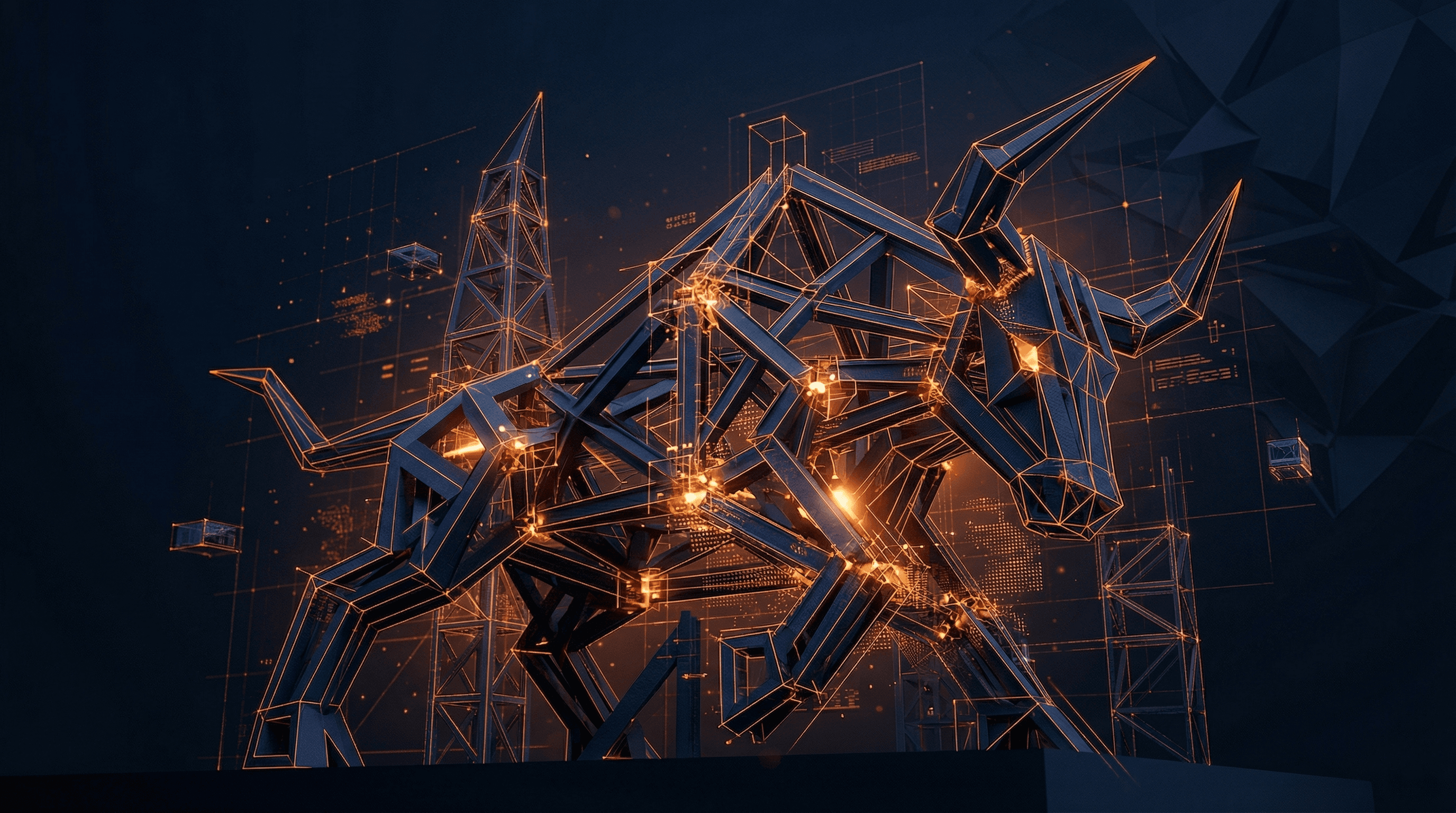 Abstract architectural blueprint rendered in 3D, showing a structured framework being assembled from geometric components on a deep navy background