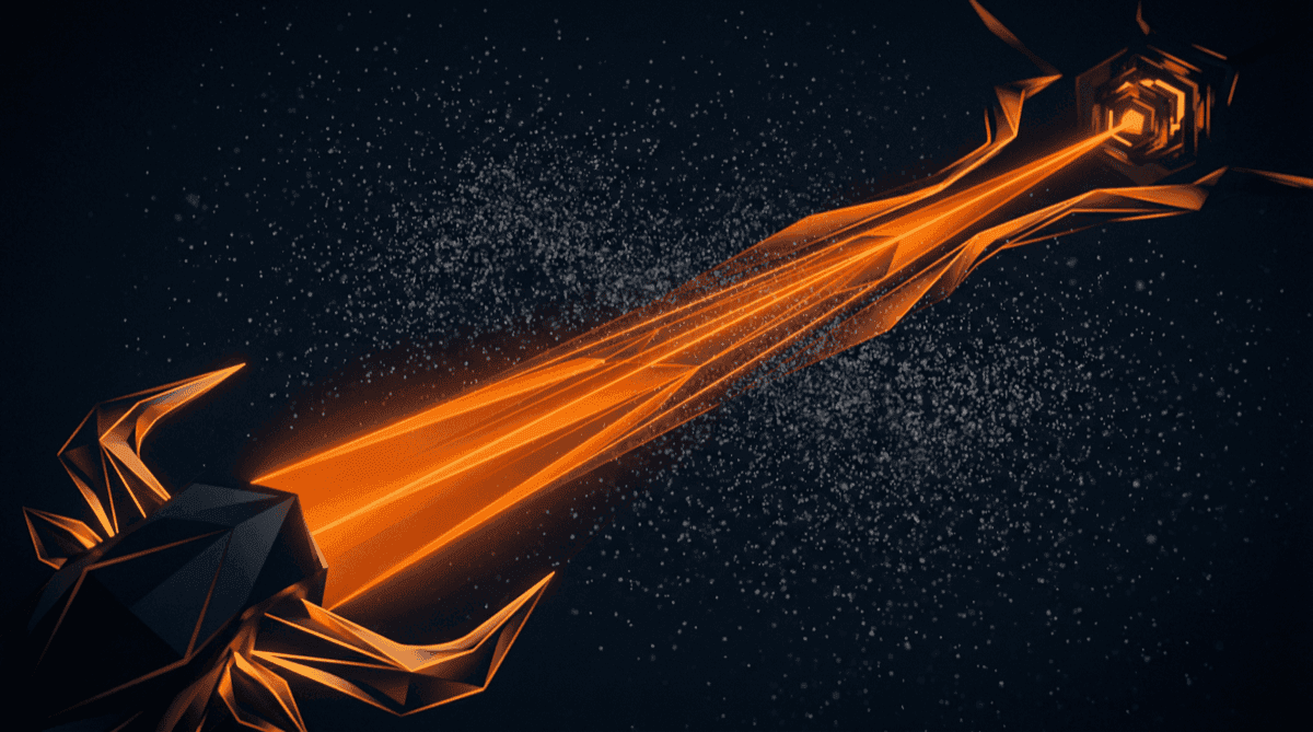 Abstract geometric spotlight cutting through scattered noise particles to create a clear path from source to destination, deep navy background with warm orange and amber light