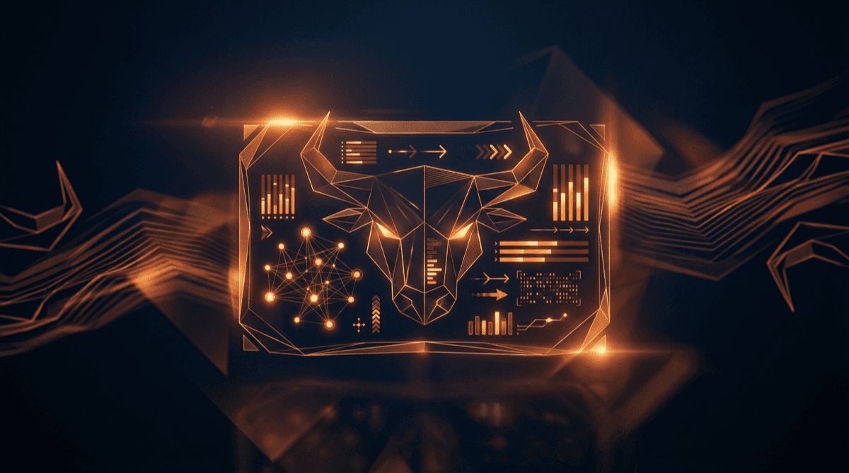 Abstract dossier or profile card with structured data visualisations and directional arrows on a deep navy background with orange accents