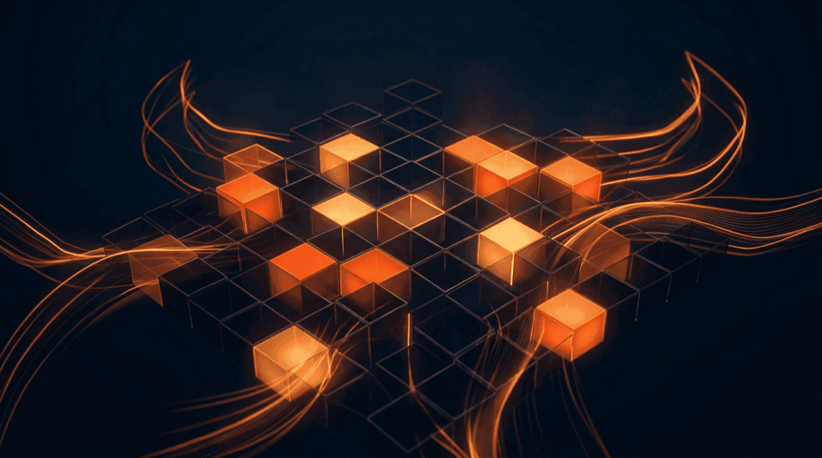 Abstract geometric checklist or evaluation matrix on a deep navy background, with grid cells illuminated in warm orange and amber suggesting selection and evaluation