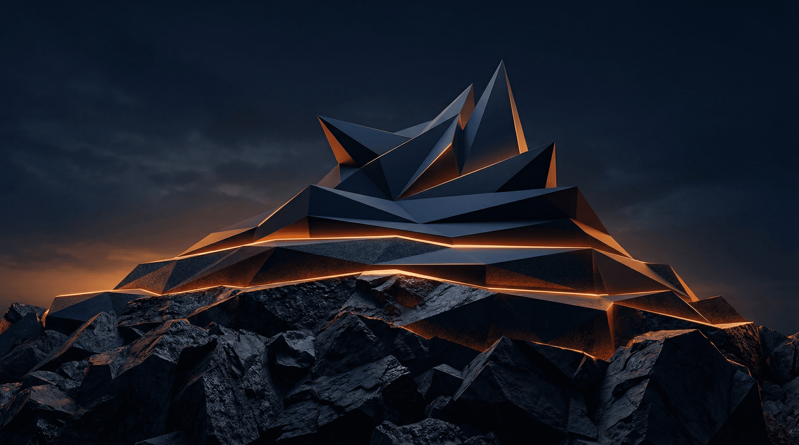 Abstract geometric landscape with layered terrain, each layer representing a stage of refinement from raw textures to clean precise forms