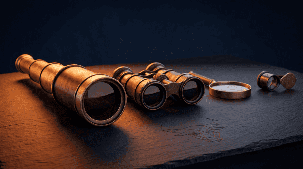 A brass nautical telescope, binoculars, a magnifying glass and a jeweller's loupe arranged largest to smallest on dark cloth, deep navy tones with warm orange light, suggesting four levels of magnification from the broad view down to fine detail