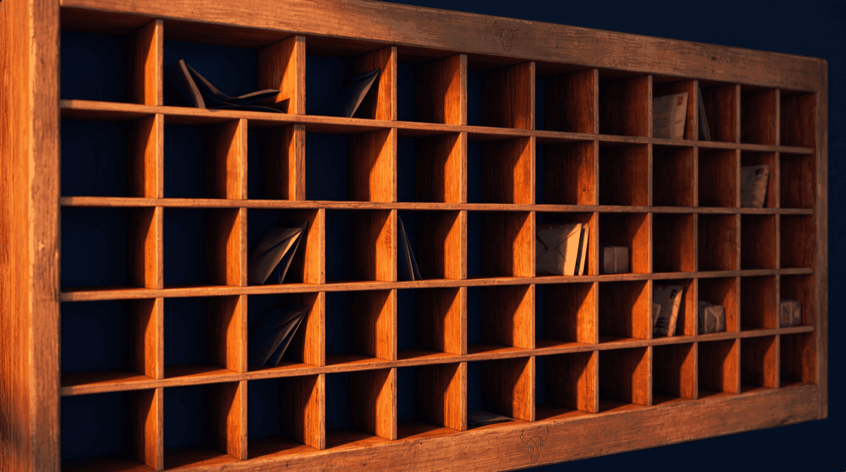 A wall of labelled wooden mail pigeonhole sorting slots, deep navy tones with warm orange light, suggesting tailored dispatch to many recipients