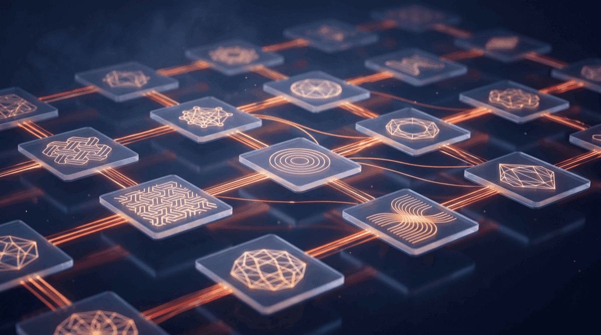 Clean modular grid of glowing card-like knowledge objects on deep-navy background, with warm orange and amber light beams threading between adjacent cards, suggesting cross-references and continuous updates