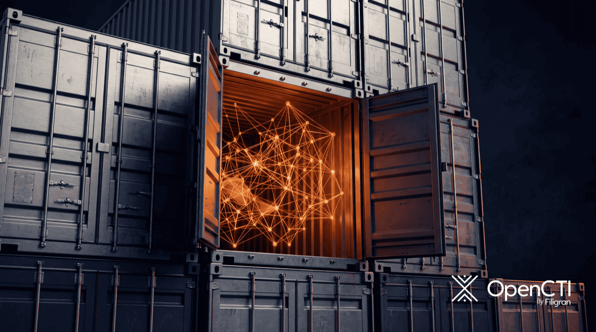 A stack of navy industrial shipping containers with one door open revealing a glowing orange network graph inside, with the OpenCTI by Filigran logo, representing a self-hosted threat intelligence platform running in Docker