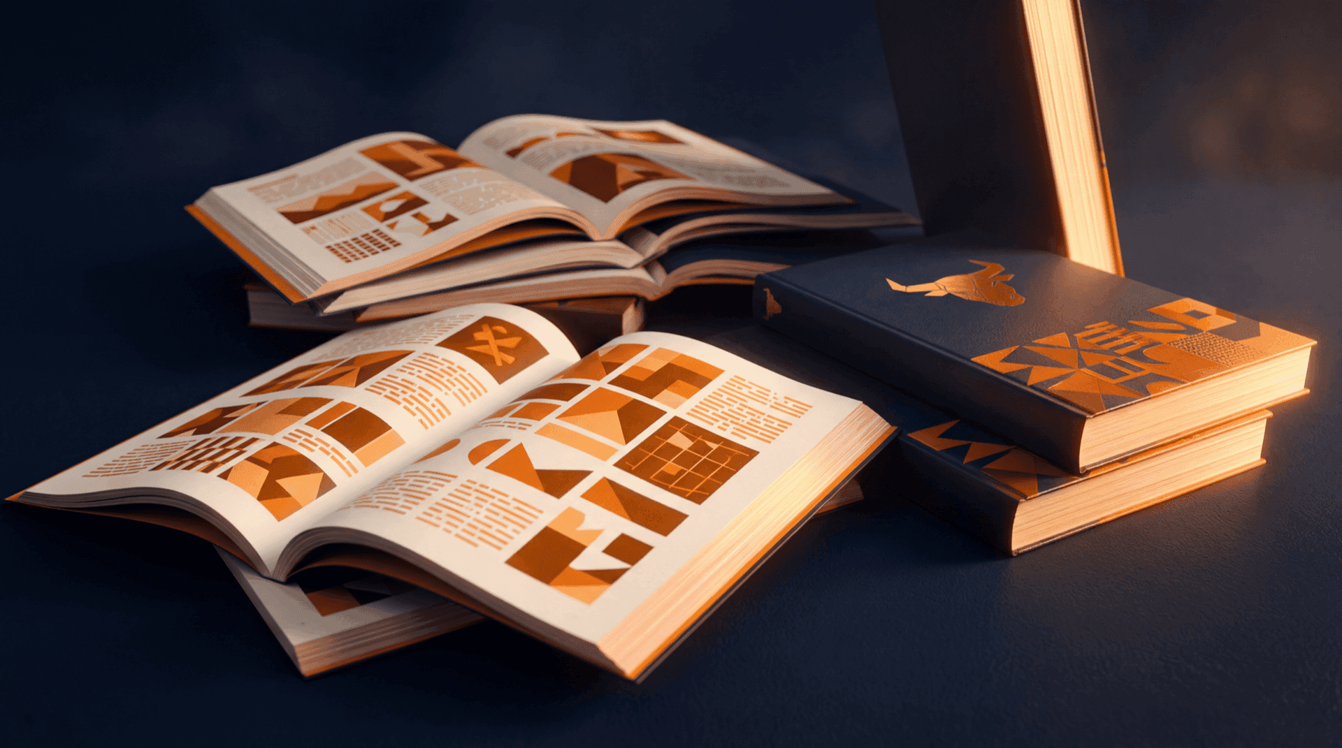 Stack of open editorial reference books and hardcover volumes with orange-ink article layouts, the top book embossed with a geometric Liberty91 bull head, dramatically lit on a deep navy surface
