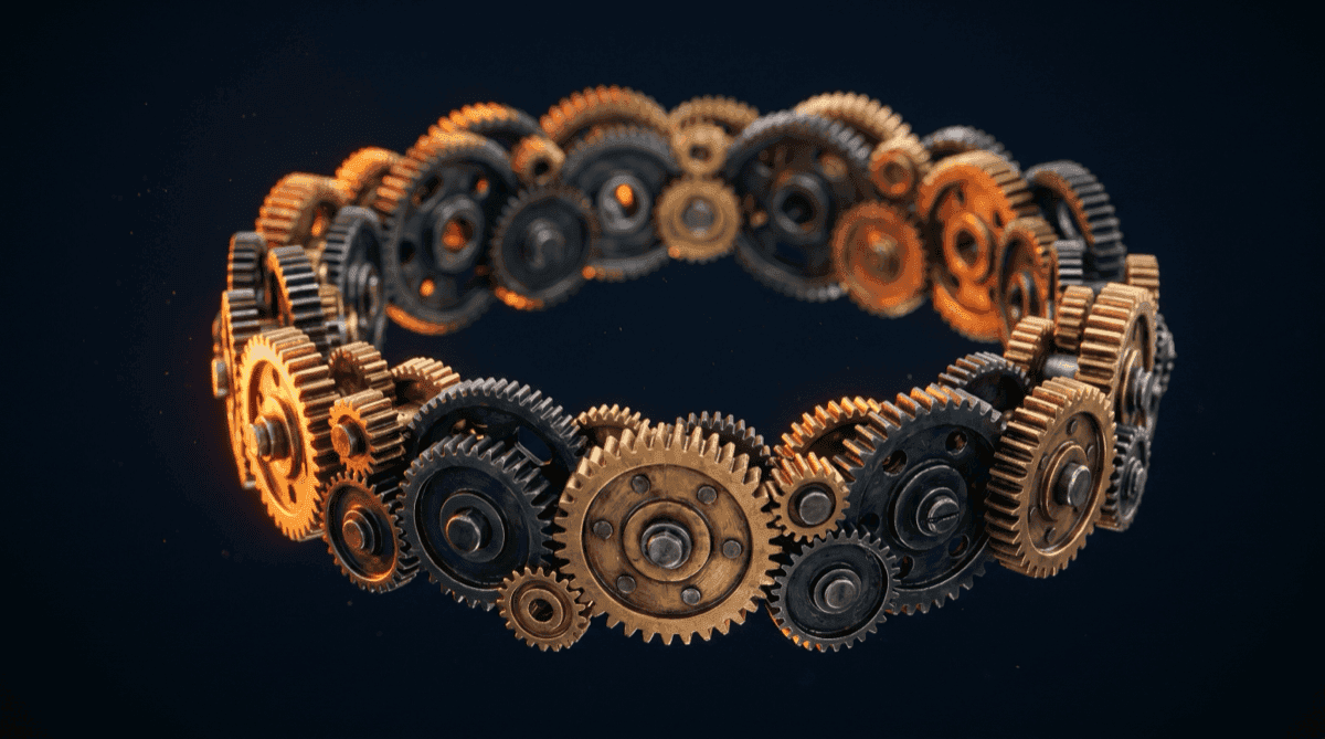 A closed ring of interlocking brass and steel gears meshing into one continuous loop on a deep navy background, lit with warm orange rim light, representing the threat intelligence lifecycle as a cycle