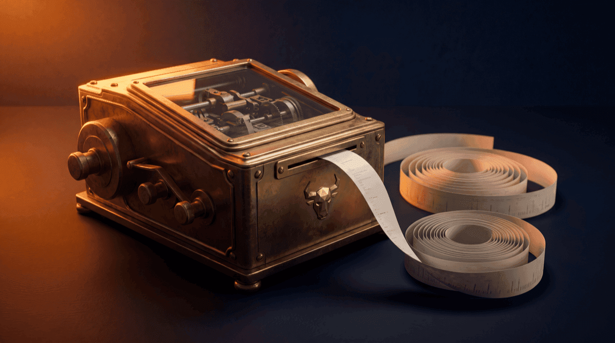 A continuous paper tape spooling out of a vintage stock ticker into a neat coil, deep navy tones with warm orange light, suggesting a steady automated stream of incoming data
