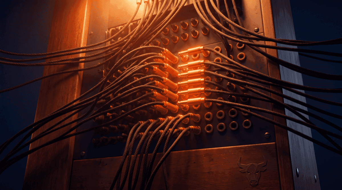 A vintage telephone switchboard with many cables converging into one ordered hub, deep navy tones with warm orange light, suggesting many sources aggregated into one platform