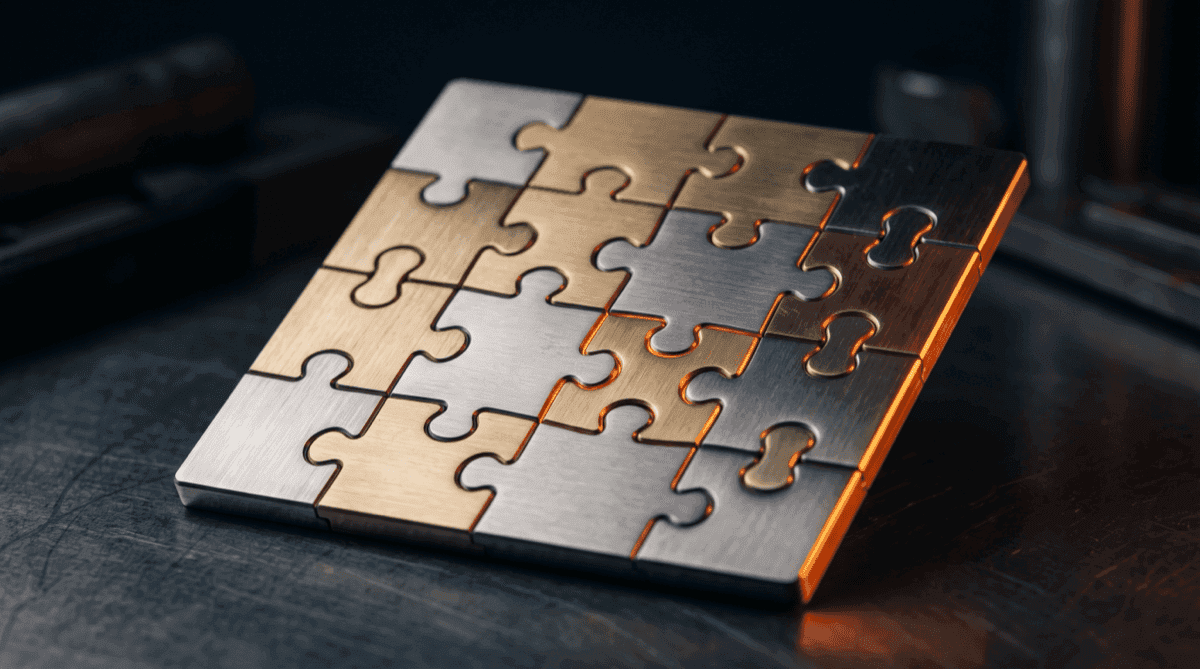 Machined metal jigsaw pieces in brushed steel and brass interlocking cleanly into one panel on a deep navy background with warm orange rim light, representing a shared standard that lets tools fit together
