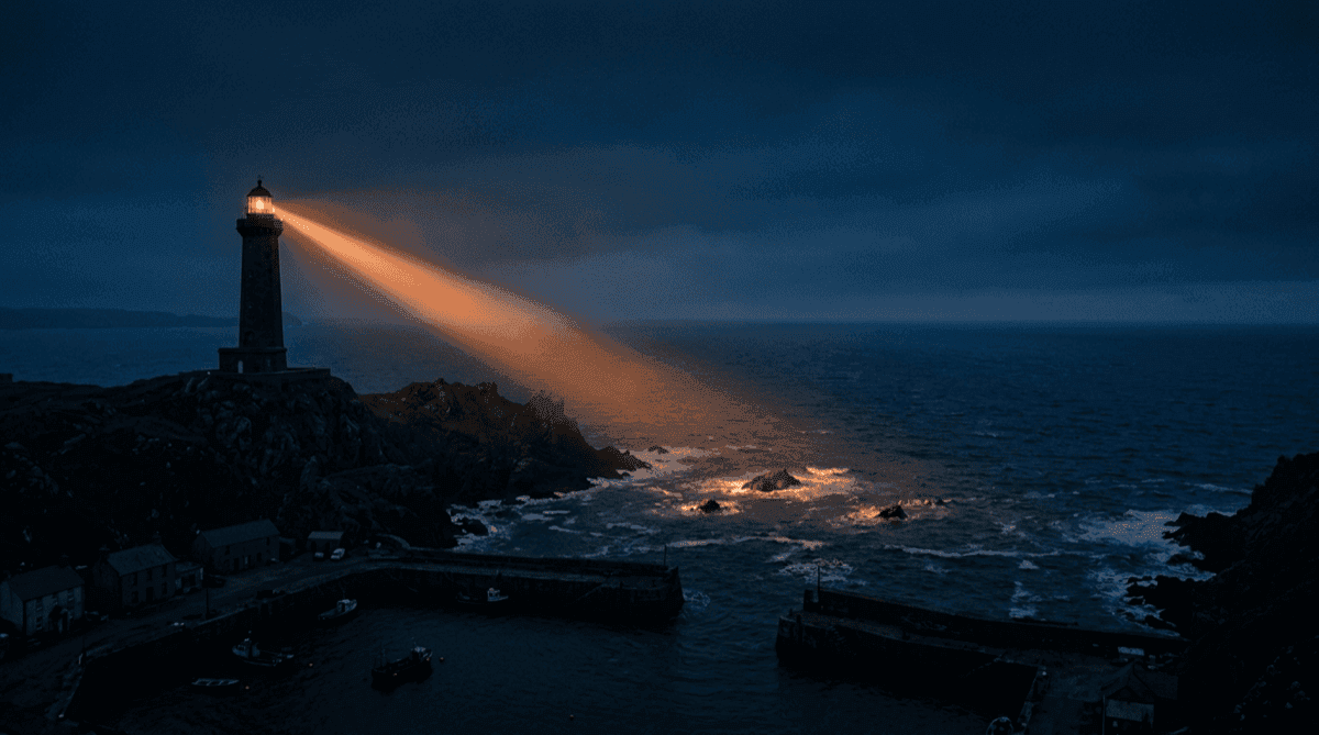 Lighthouse beam sweeping a dark harbour and revealing rocks in the water, illustrating table-adaptive KQL threat hunting in your own Microsoft Sentinel workspace