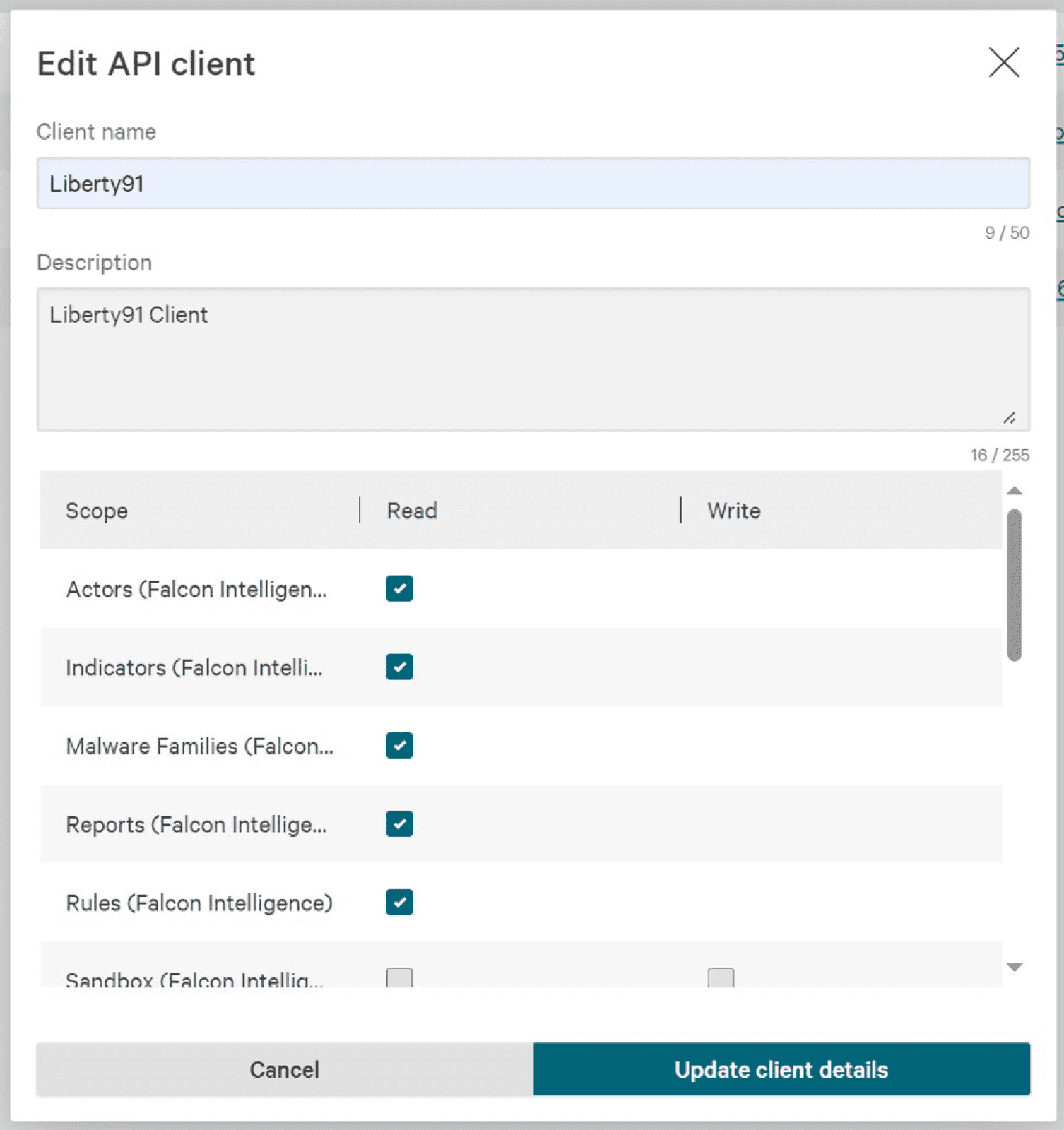 CrowdStrike Falcon portal: the Create API client dialog with the required Falcon Intelligence read scopes ticked