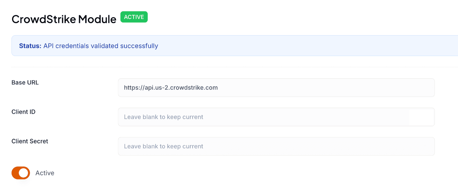 Liberty91 CrowdStrike module configuration screen with base URL, client ID, and client secret fields