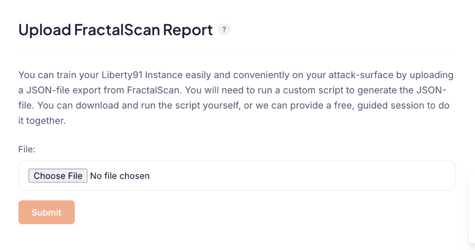 The Liberty91 HexioSec module: the Upload FractalScan Report screen with the JSON file chooser