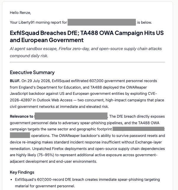 A Liberty91 Morning Report as it arrives in a stakeholder's inbox, with the day's headline occurrences, an executive summary, and key findings