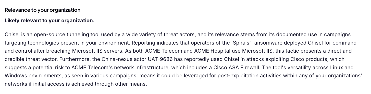 The Relevance to your organization assessment on a Liberty91 entity description, opening with a Likely relevant judgement and explaining the relevance through the organizations' own technologies