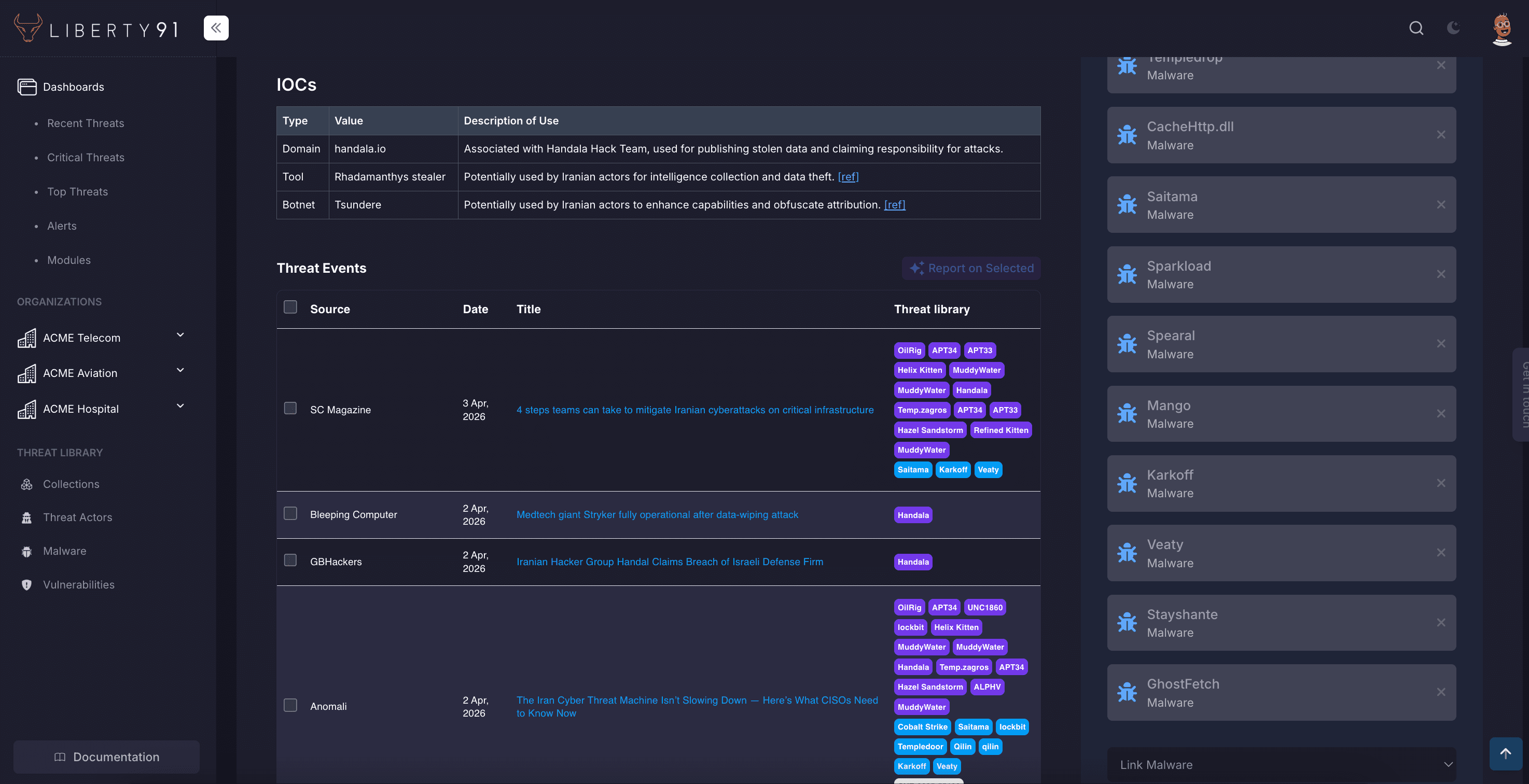 Threat analysis — IOCs, threat events and threat library