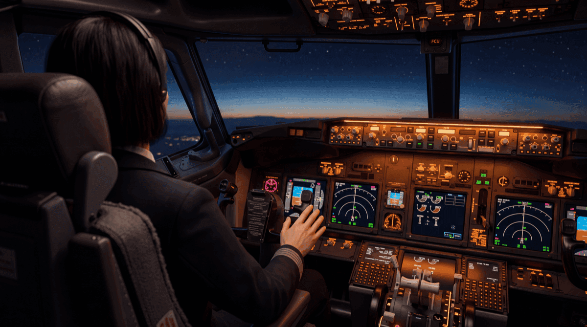 An aircraft cockpit at night with the autopilot panel glowing amber and the pilot's hand resting lightly on the controls, representing agentic AI running the process while the analyst keeps the judgement