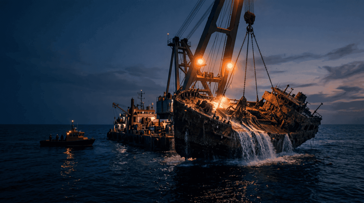 A marine salvage crane on a barge lifting a barnacle-crusted shipwreck hull out of the sea at dusk under orange worklights, representing recovering hidden structure from an opaque binary