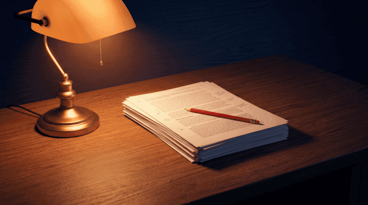 An editor's desk under a warm lamp with a red pencil resting on a stack of typeset proof pages, representing the analyst reviewing and signing off work produced by AI agents