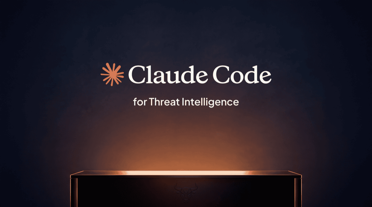 The Claude Code logo centred on a dark navy wall with the words for Threat Intelligence beneath it, above a sleek desk silhouette lit by a warm orange terminal glow