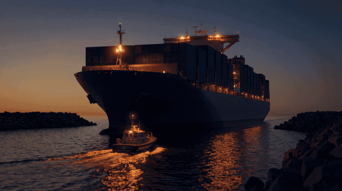 A massive cargo vessel at dusk guided into a narrow harbour entrance by one small pilot boat under warm orange lights, representing a powerful model steered by human judgement