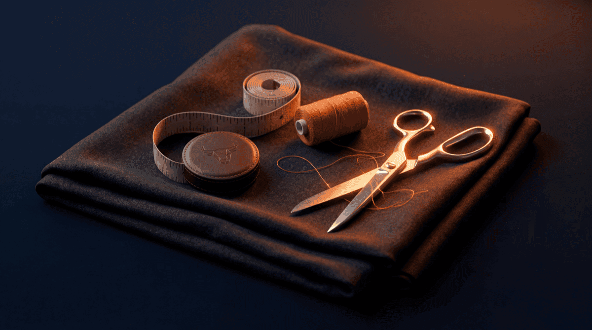 A tailor's tape measure, a spool of orange thread and fabric shears resting on dark cloth, deep navy tones with warm orange light, suggesting bespoke tailoring