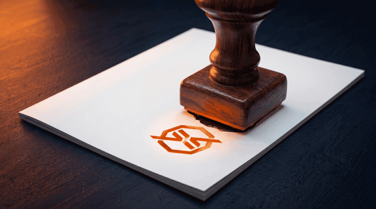 A wooden rubber stamp pressing a clean brand mark onto a crisp report cover, deep navy with warm orange light