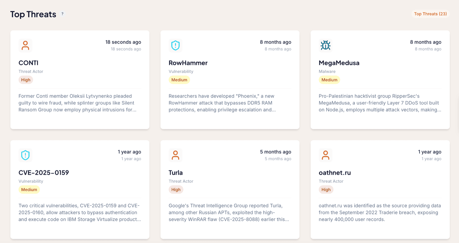 The Top Threats dashboard showing a grid of cards, each with an entity name, type, criticality, and a one-sentence latest development, with the most recent in the top-left
