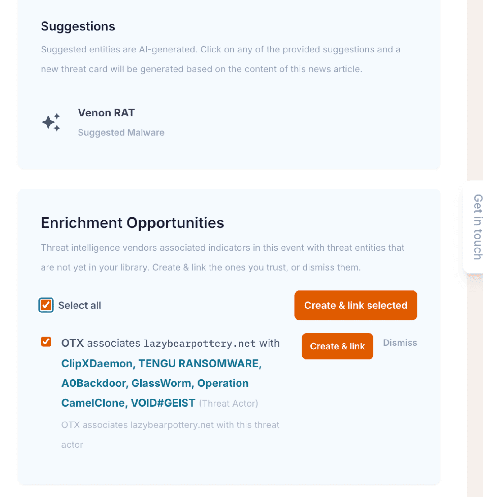 Liberty91 Event view showing AI-generated Suggestions and Enrichment Opportunities, each offering to create a new Threat Card in the Threat Library