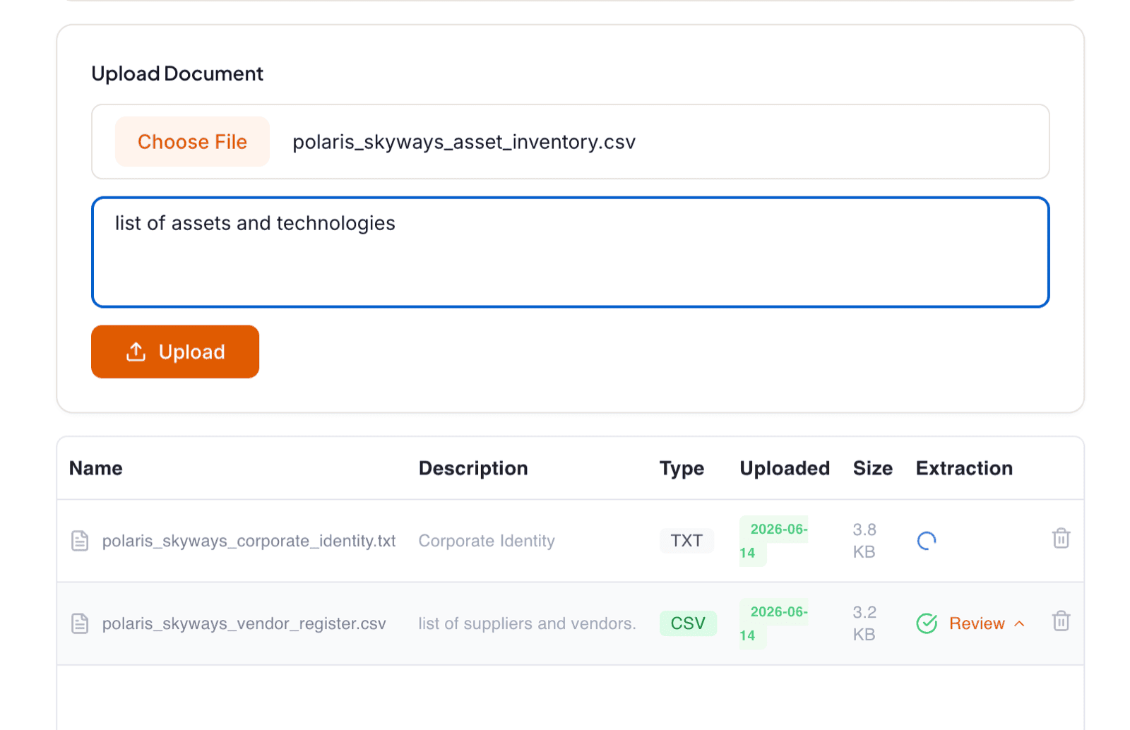 Liberty91 Documents tab: the Upload Document panel with a chosen CSV file and the list of previously uploaded documents showing their extraction status