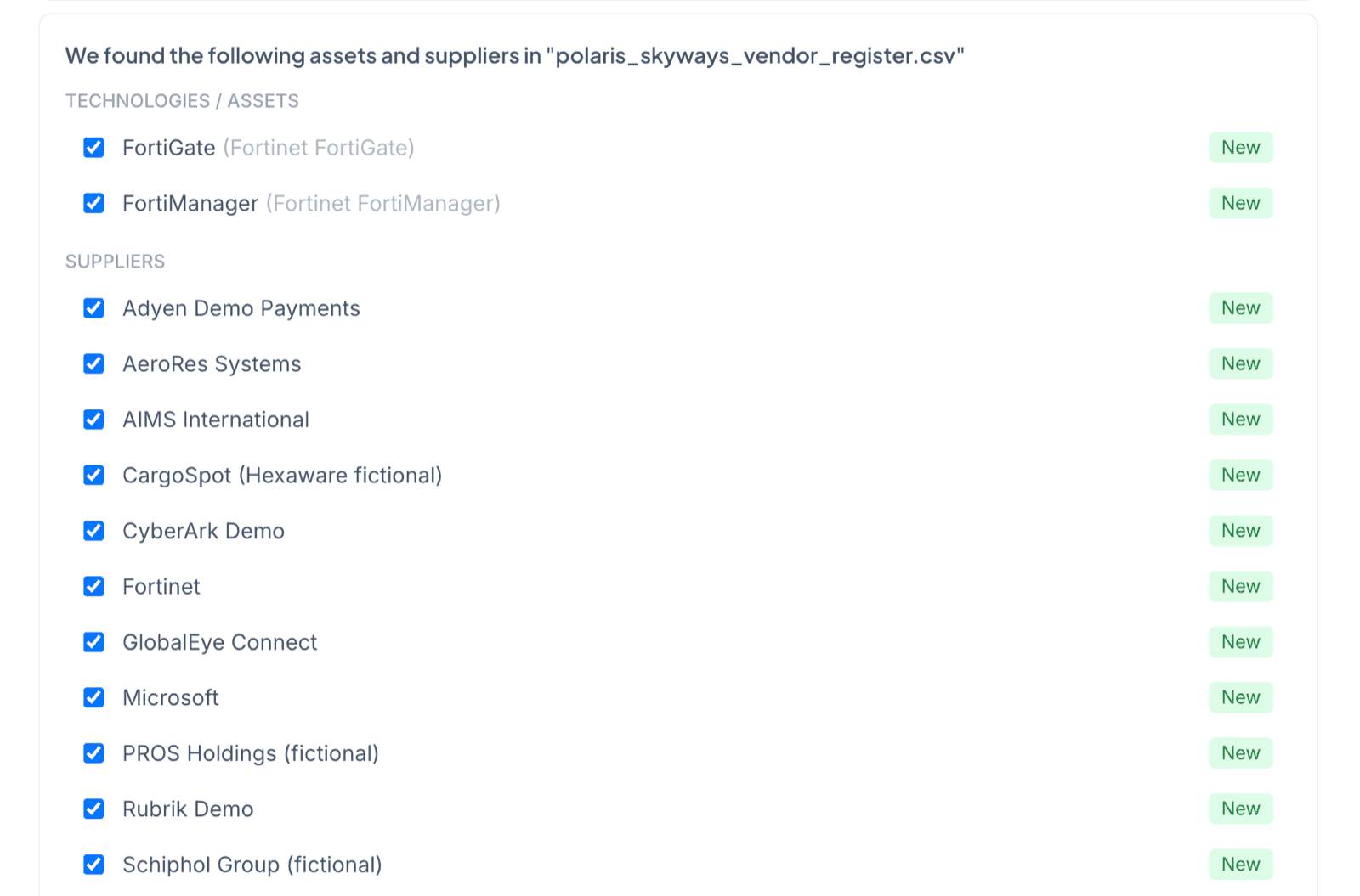 Liberty91 confirmation panel listing the Assets and Suppliers extracted from an uploaded document, each with a checkbox to import and track for the Organization