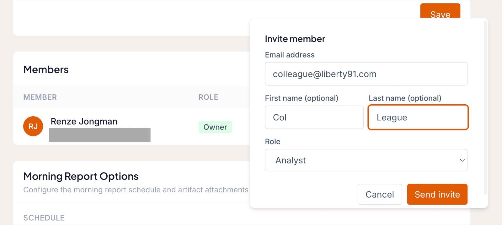 Liberty91 Organization Profile Members tab with the Invite member dialog open, showing the email field
