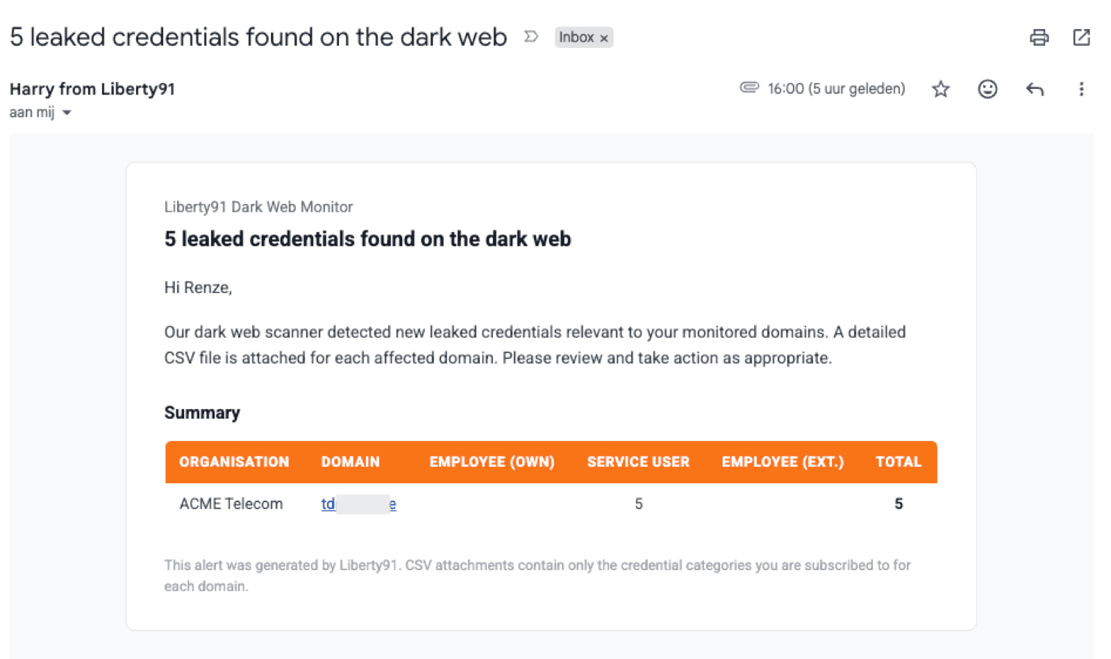 Liberty91 leaked-credential alert email showing the total count in the subject line and a summary table of counts by organization, domain, and category