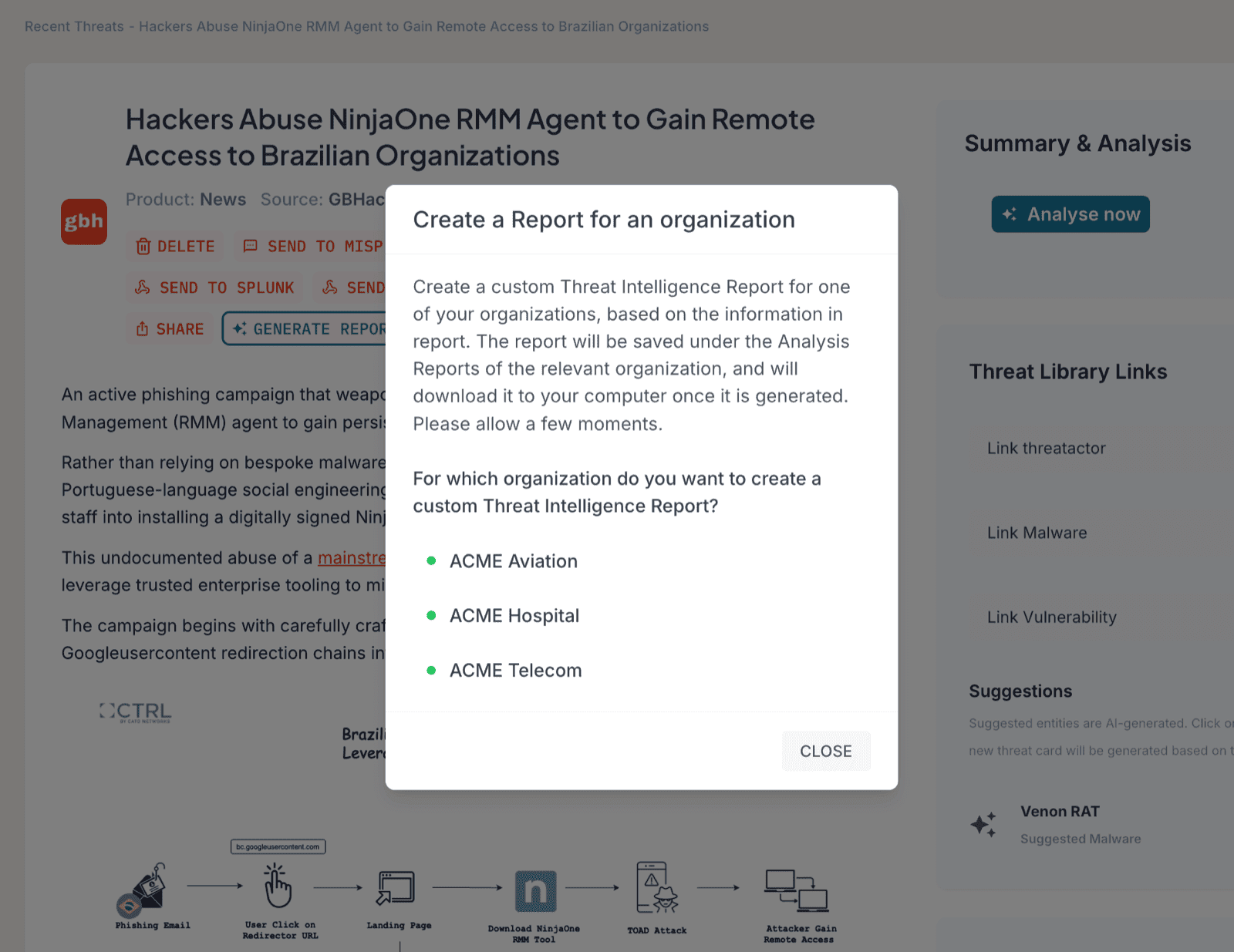 Liberty91 event view with the Generate report button under the title and the organization selector open