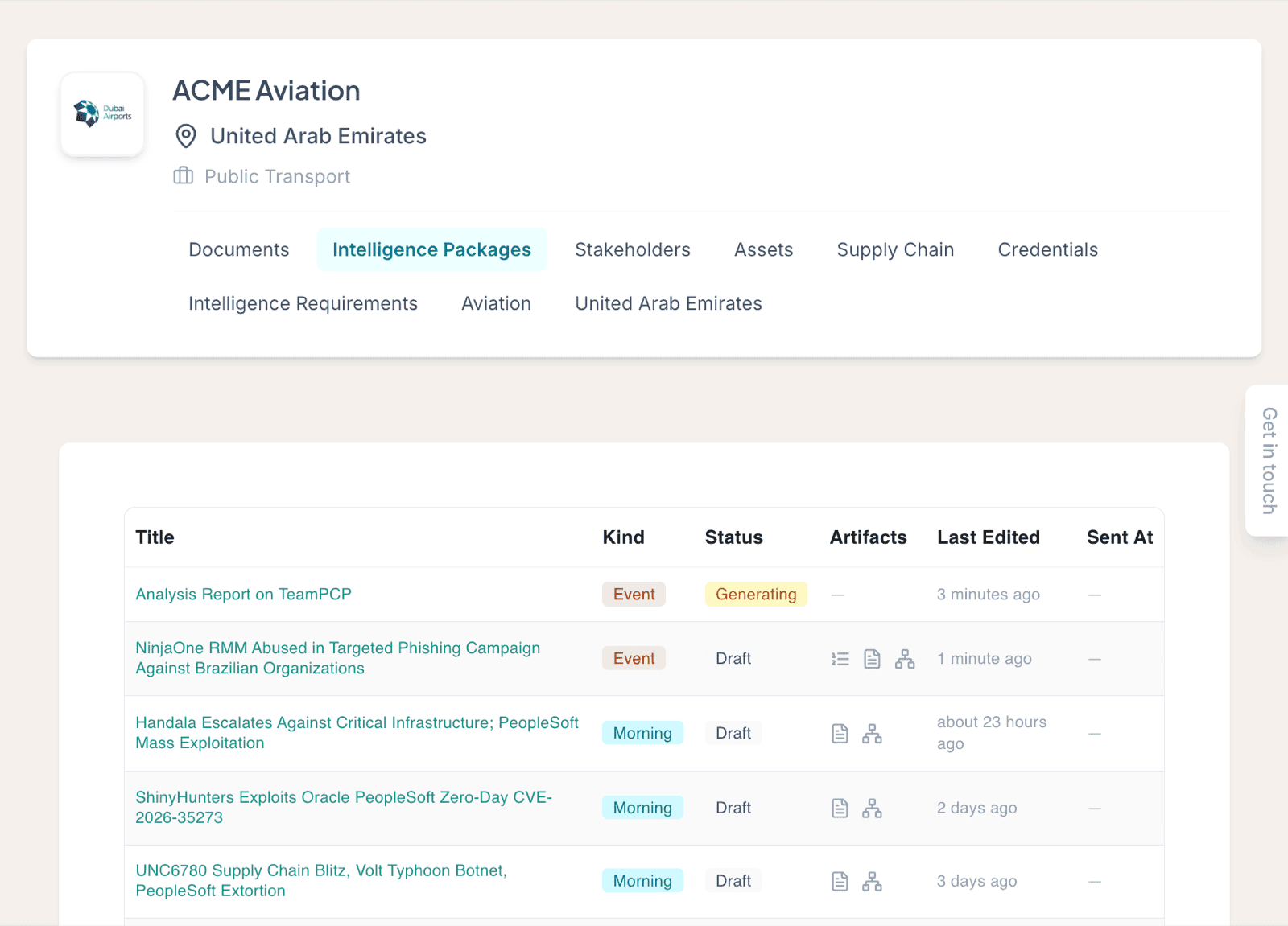 Liberty91 Intelligence Packages tab for an organization listing generated packages with their kind, status, and artifacts