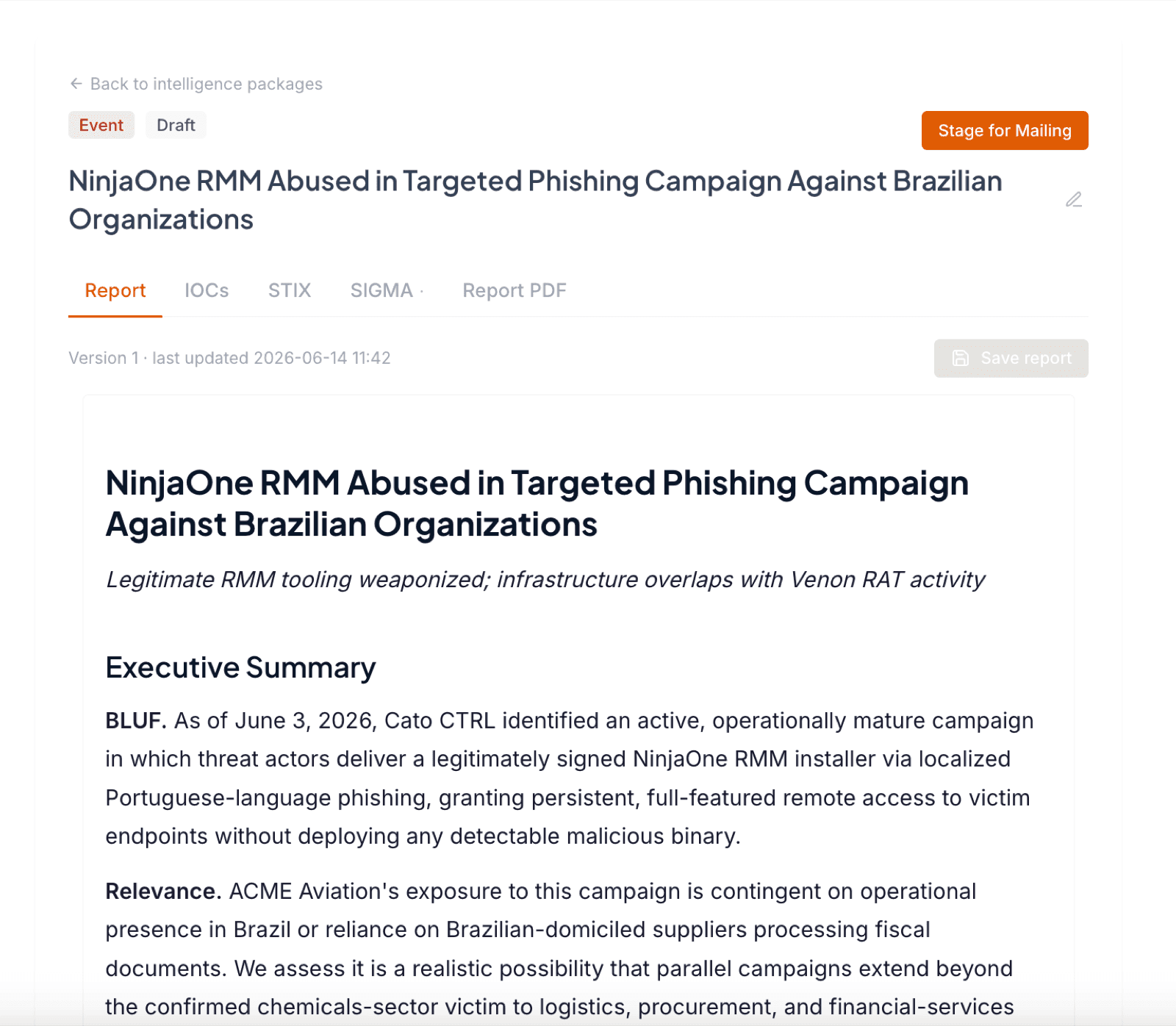 An open Intelligence Package in Liberty91 with the Report, IOCs, STIX, and SIGMA tabs and the Stage for Mailing button, showing the report's executive summary
