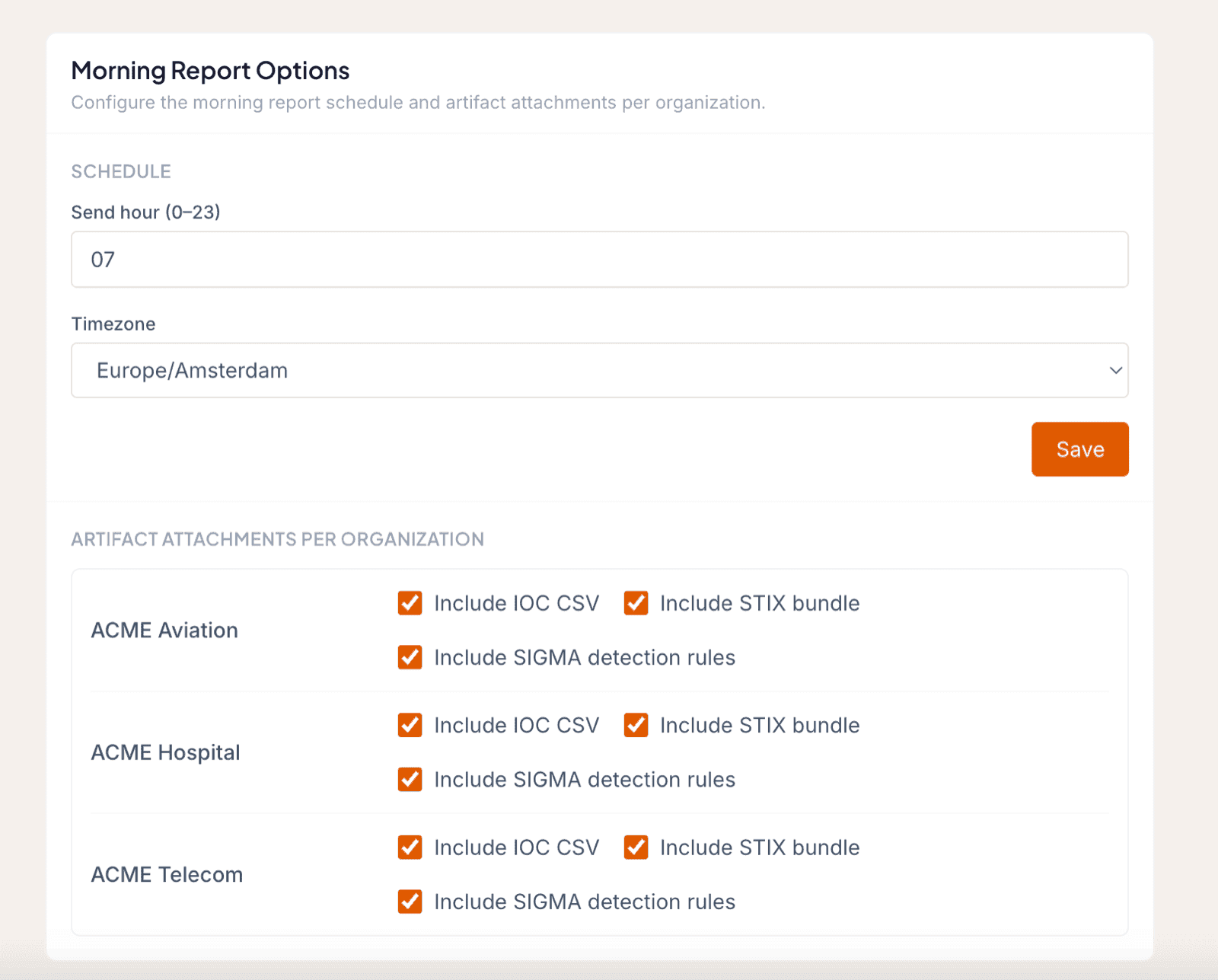 Morning Report Options panel with the send hour and timezone selectors
