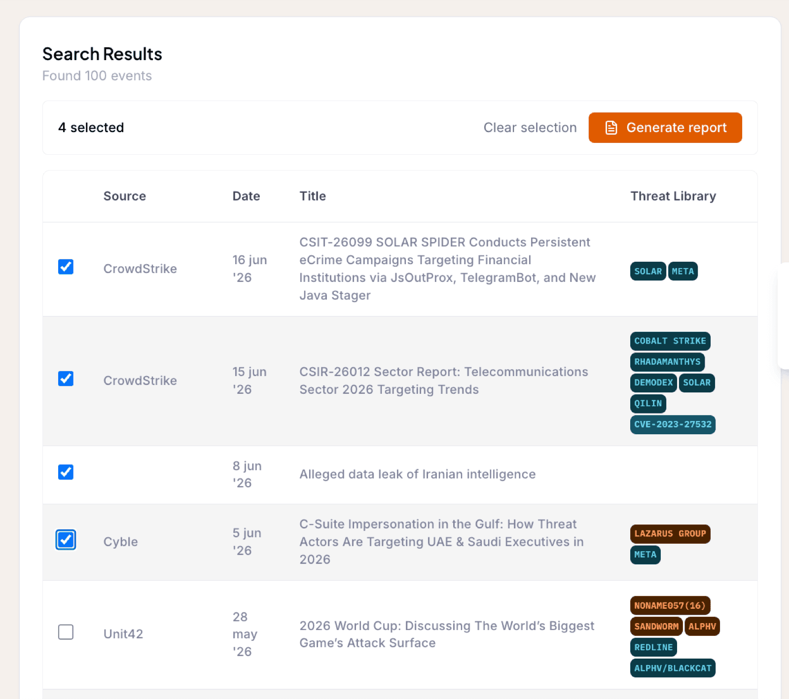 Liberty91 event search results with several events selected via checkboxes and the bulk action bar showing the Generate report button