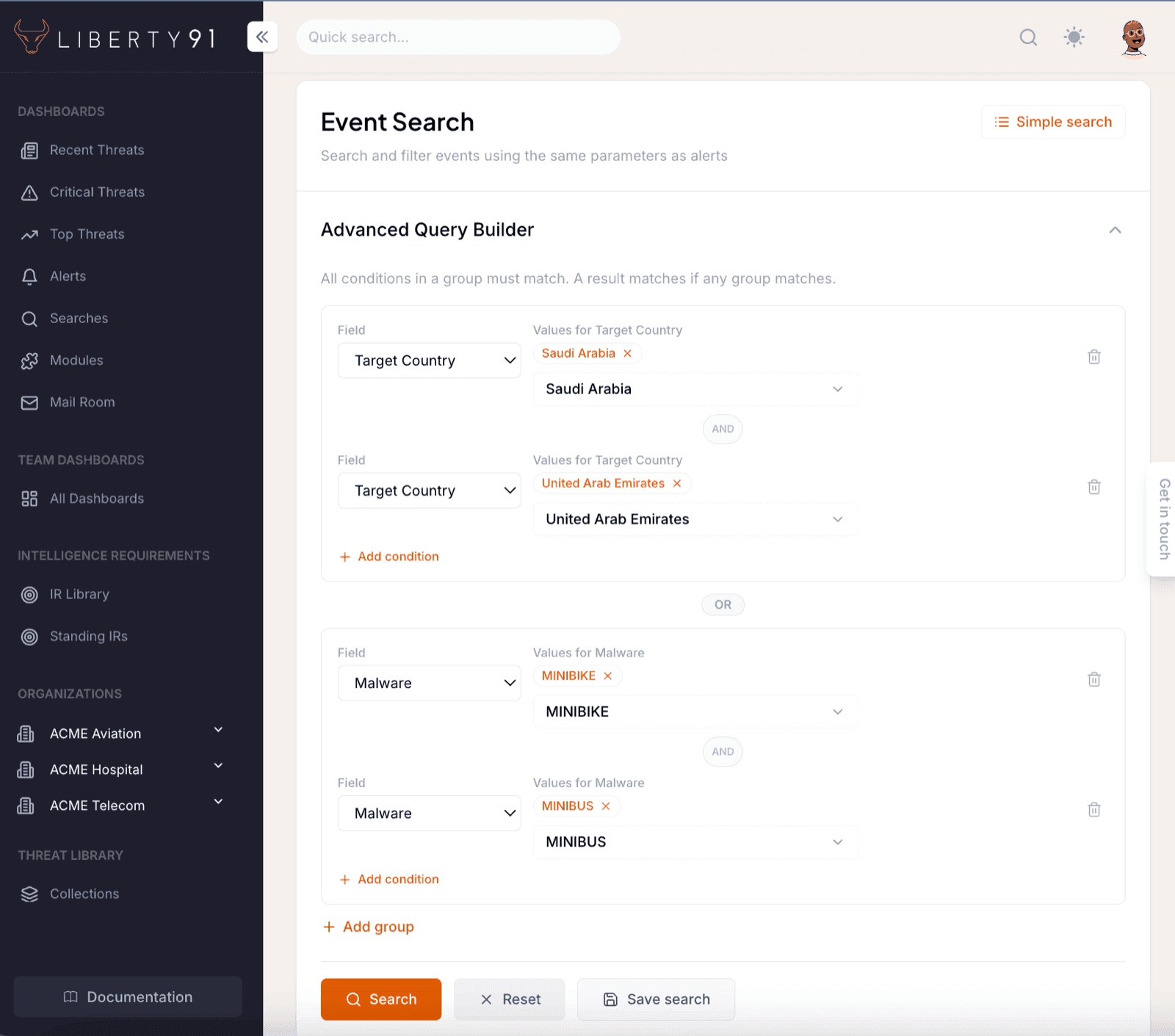 The Liberty91 advanced query builder with two groups: Target Country conditions in the first group and Malware conditions in the second, AND between the conditions inside each group and an OR divider between the groups