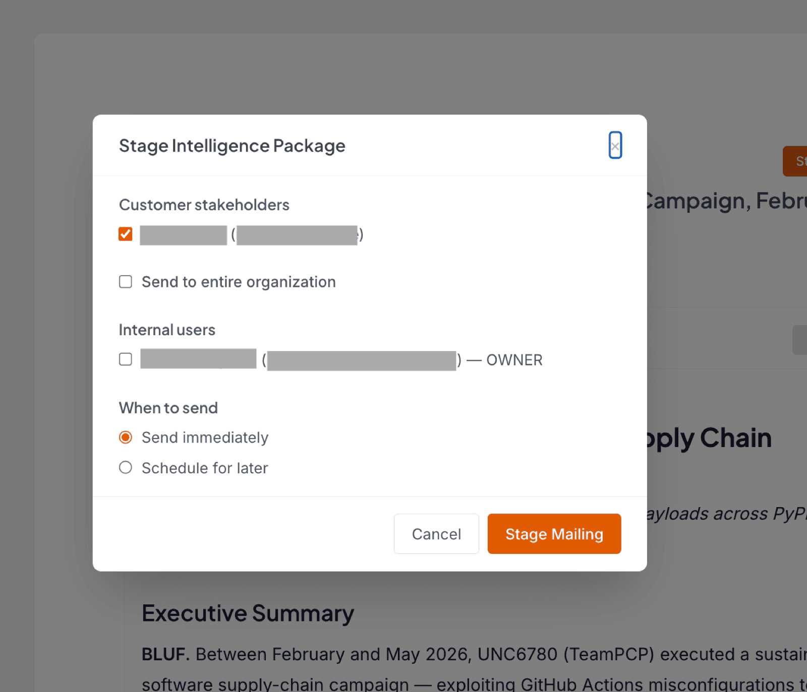 Intelligence Package open with the Stage for Mailing dialog showing a list of stakeholder recipients