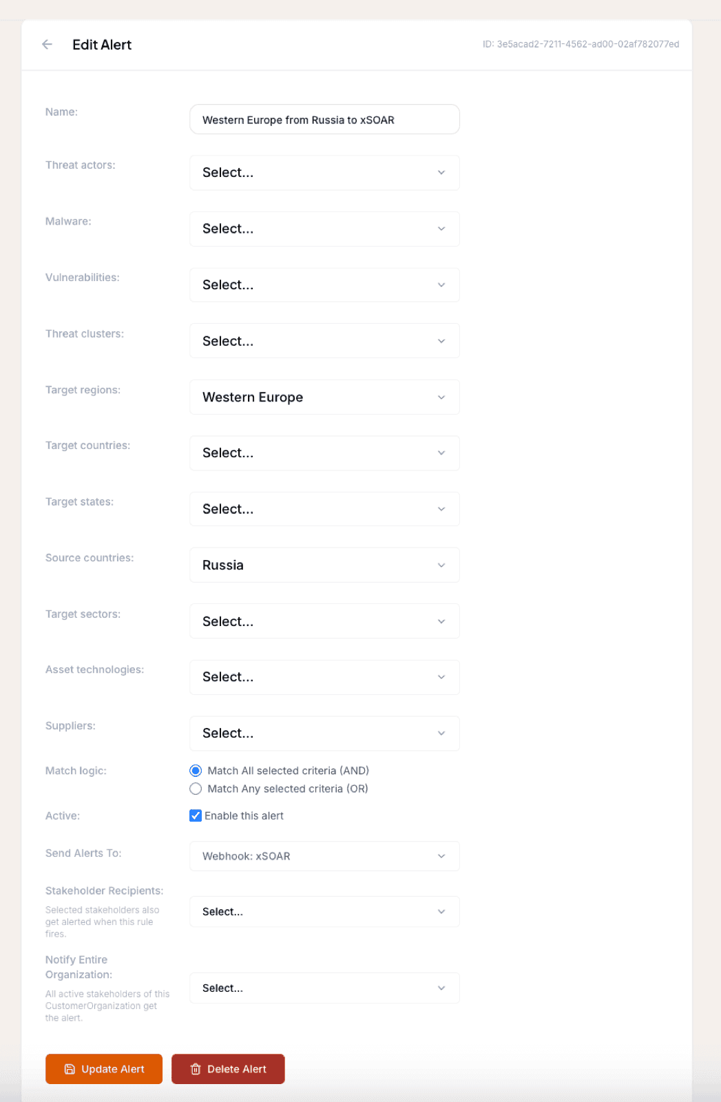The Liberty91 alert rule configuration form with fields for threat actors, malware, vulnerabilities, target and source regions and countries, sectors, asset technologies, match logic, and notification destinations