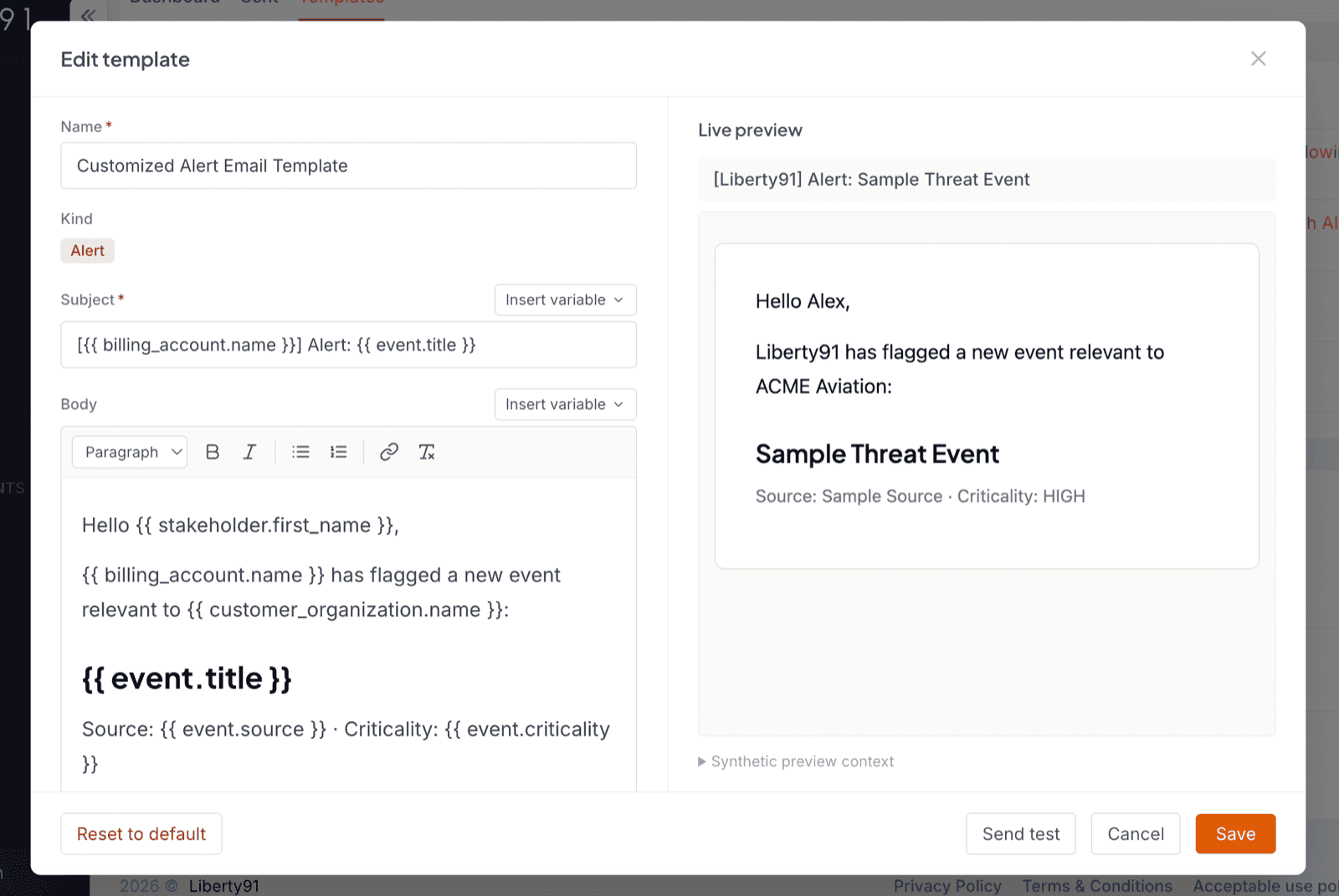 Mailroom email template editor showing the name, subject, and body fields, a variables dropdown, and a live preview pane
