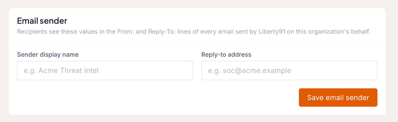 Email Sender section of the Organization Profile with sender name and reply-to address fields and the Save email sender button