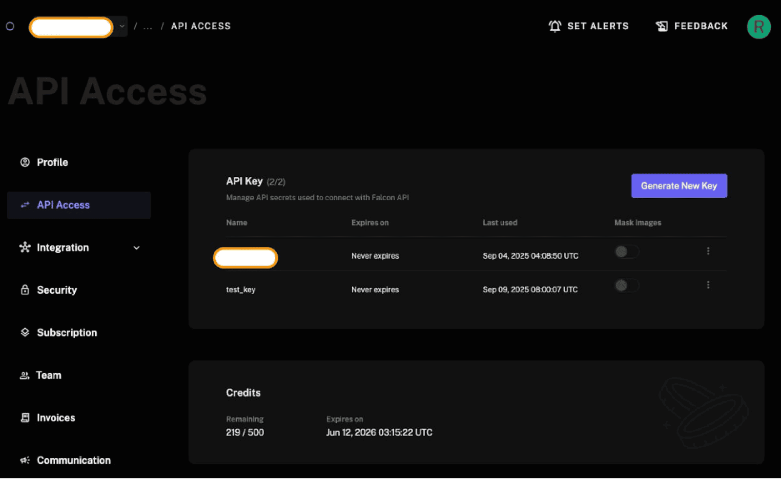 The FalconFeeds.io API Access page with the Generate New Key button and the list of API keys